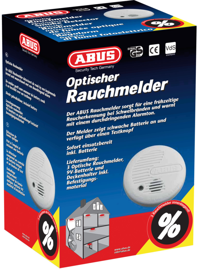 ABUS Heimrauchmelder, Lithium, 3er Sparset Vorderansicht