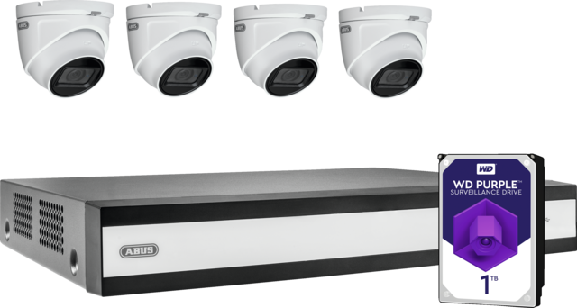 ABUS komplet sæt med hybrid-videooptager og 4 analoge mini-dome-kameraer
